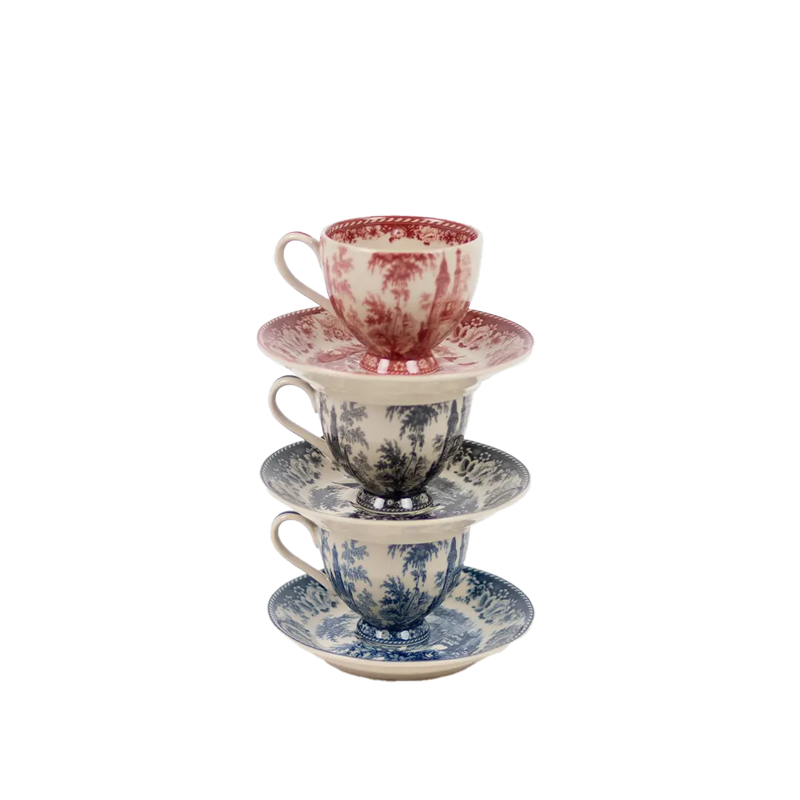 Conjunto de tazas de café con platos, estampado botánico rojo y azul