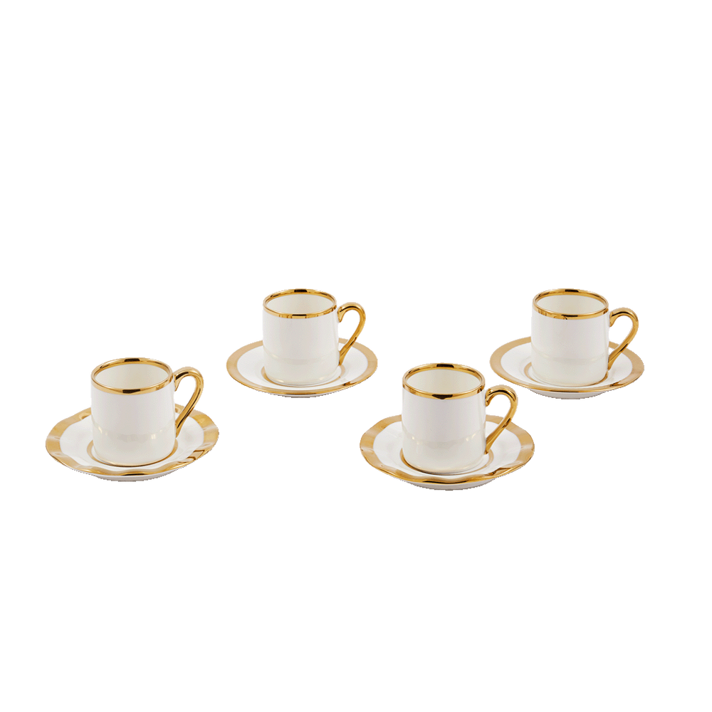 Set de 4 tazas de espresso blancas con borde dorado y platos a juego