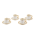 Set de 4 tazas de espresso blancas con borde dorado y platos a juego