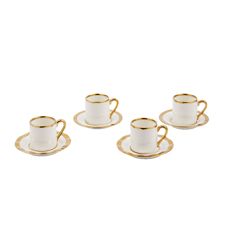 Set de 4 tazas de espresso blancas con borde dorado y platos a juego