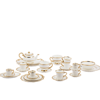 Set de tazas de espresso blancas con borde dorado y platos, con cafetera mini