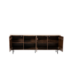 Aparador de madera con puertas abiertas y compartimentos interiores; 3 secciones visibles.