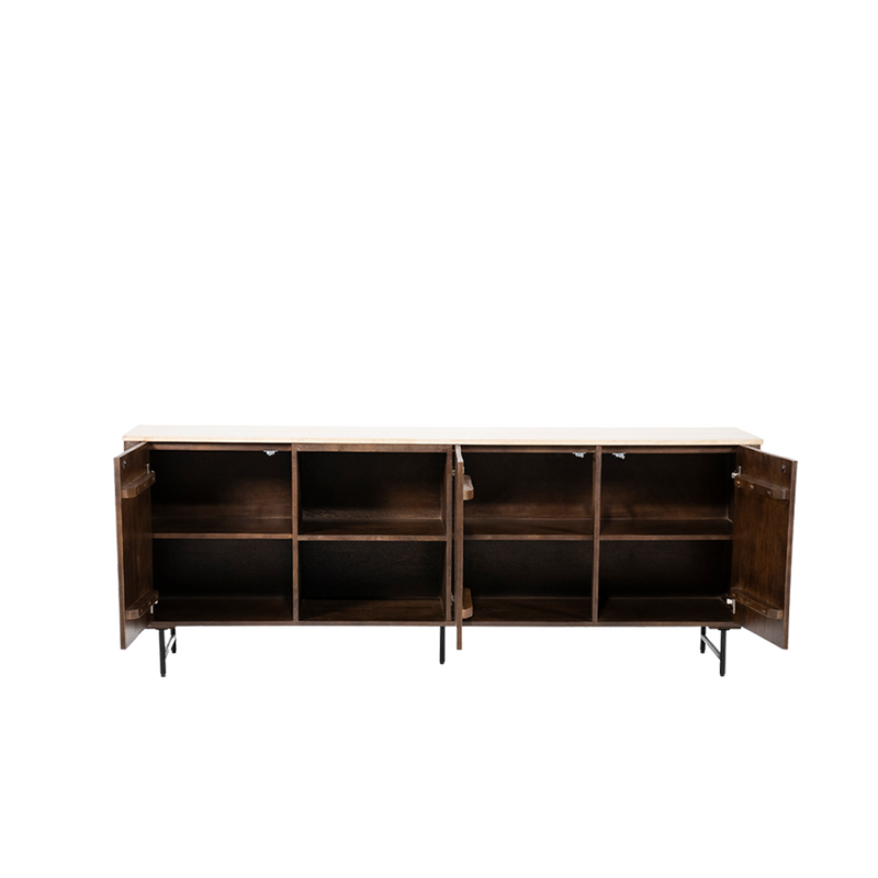 Aparador de madera con puertas abiertas y compartimentos interiores; 3 secciones visibles.