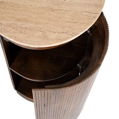 Escritorio de madera de mango con sobre de travertino y base estriada, vista lateral