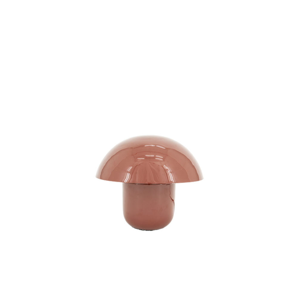 Lámpara con pantalla tipo hongo y base cilíndrica, color coral brillante