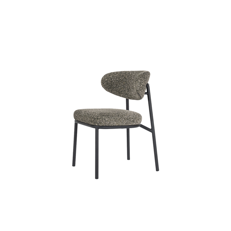 Silla Jari tapizada gris jaspeado con respaldo alto y patas metálicas negras