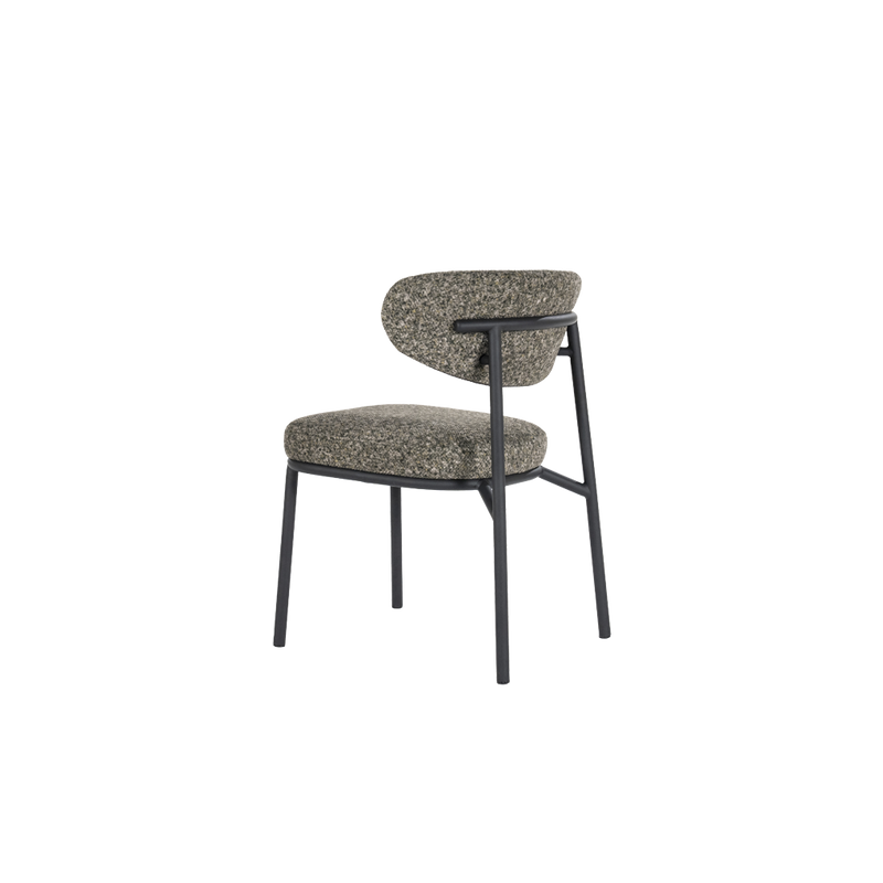Silla Jari tapizada gris jaspeado con respaldo alto y patas metálicas negras