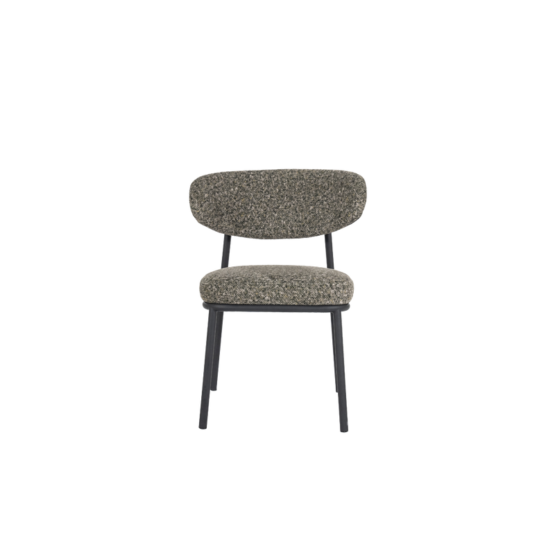 Silla Jari con asiento y respaldo redondeados gris jaspeado, patas metálicas negras