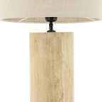 Lámpara cilíndrica de travertino con pantalla de lino crema y soporte negro