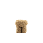 Taburete de pelo sintético beige, asiento redondo y respaldo bajo, forma cilíndrica