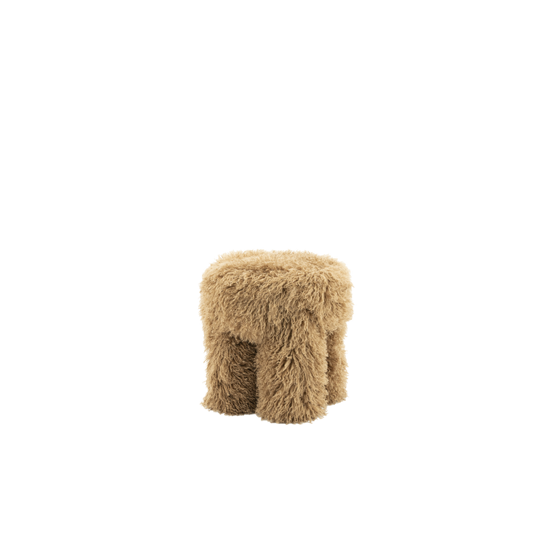 Taburete de pelo sintético beige, asiento redondo y base cilíndrica, vista lateral