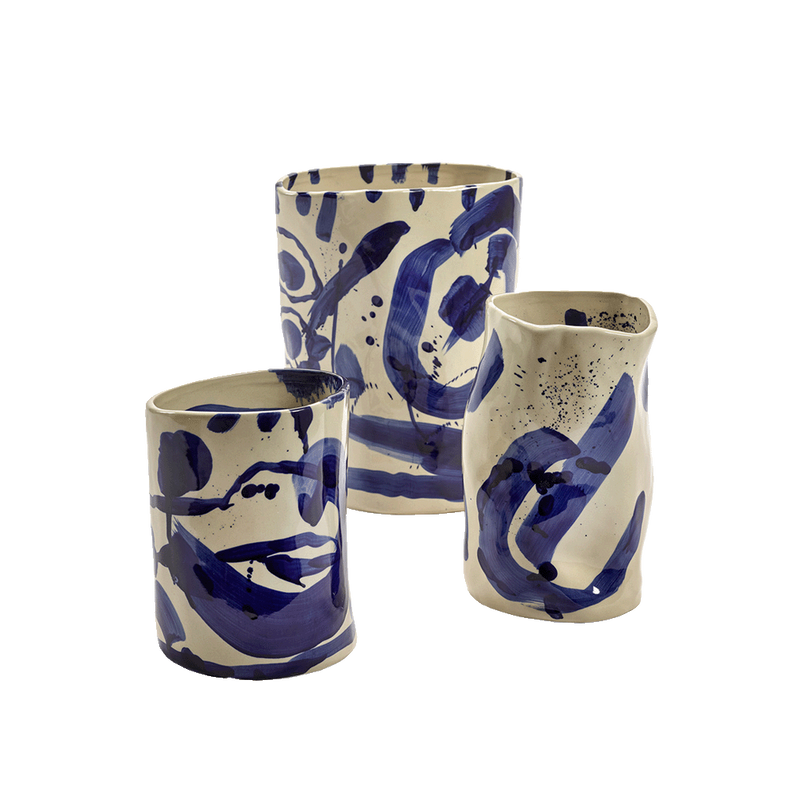 Juego de jarrones de cerámica crema con motivos azules abstractos