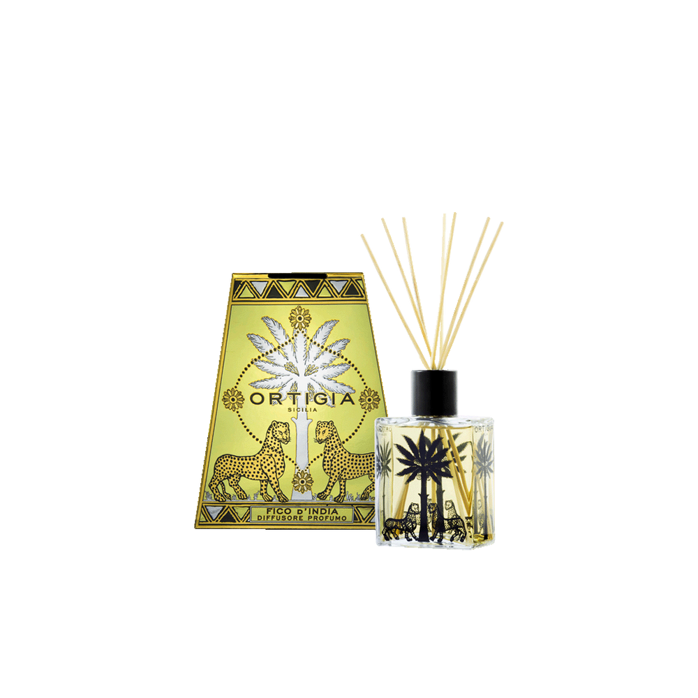 Difusor de perfume con frasco transparente y varillas, etiqueta Fico d’India Ortigia