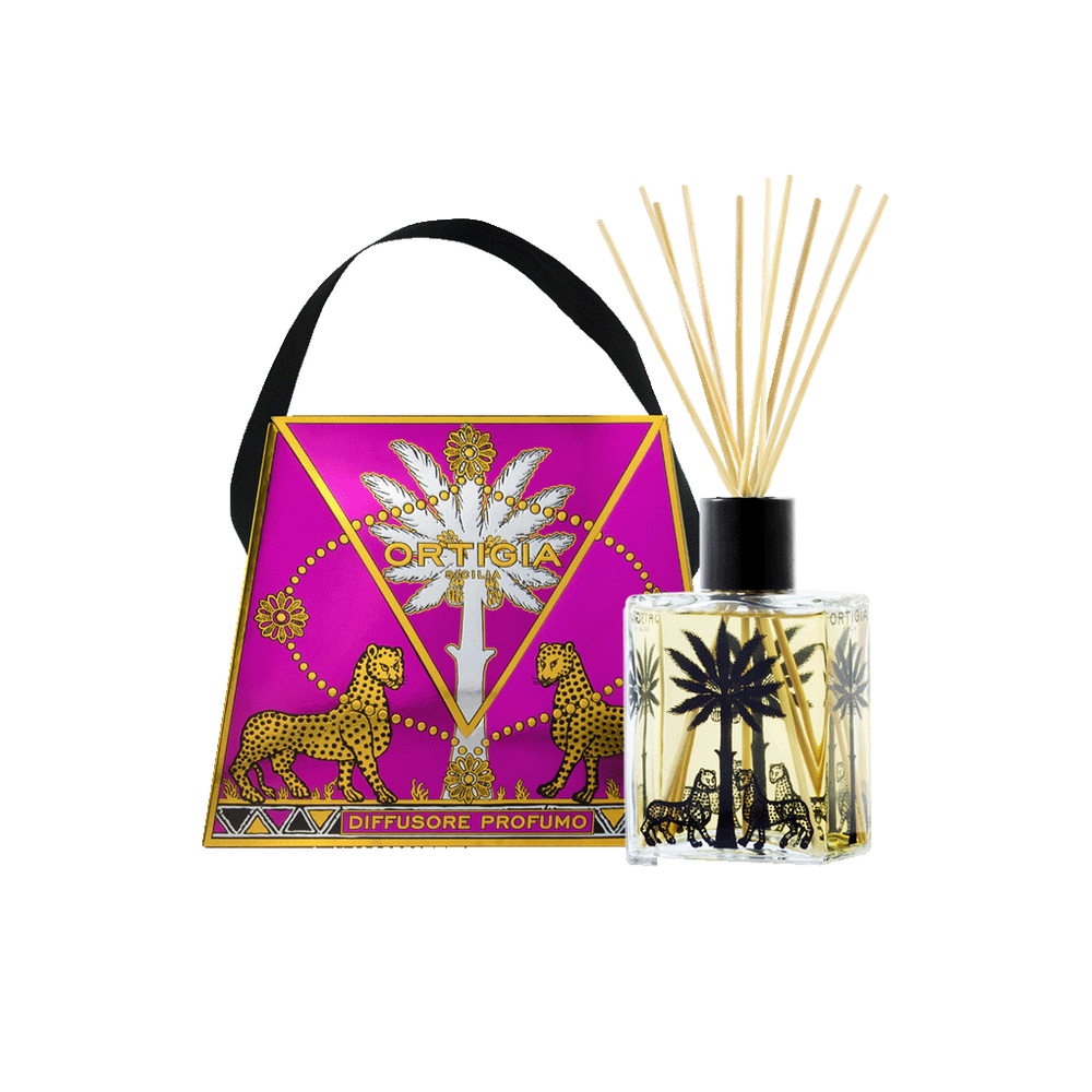 Difusor de perfume Ortigia Fico d'India 1000 ml: caja morada y frasco con varillas