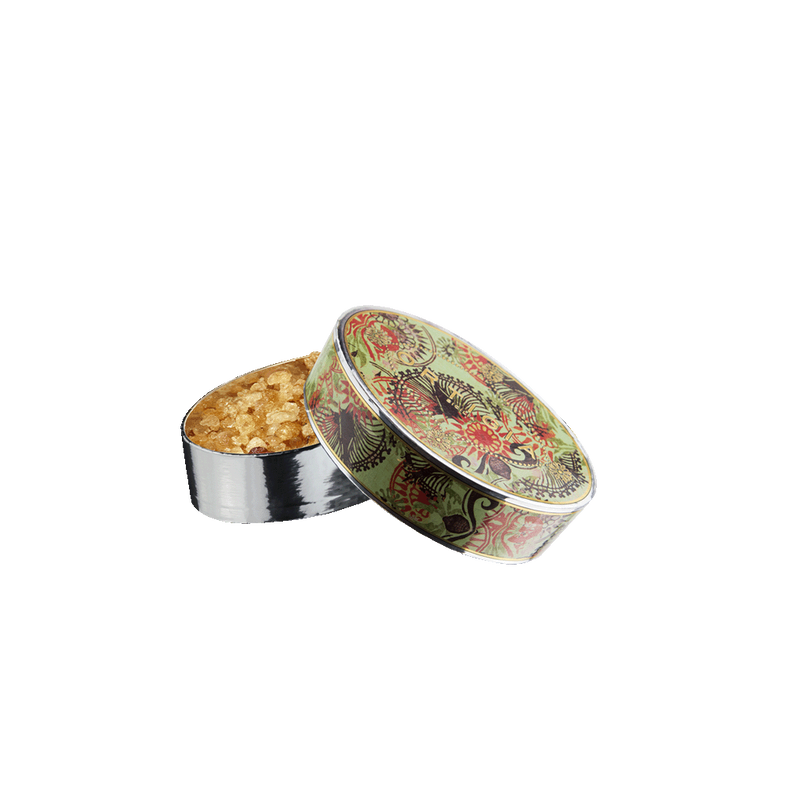 Cristales aromáticos Fico d'India en recipiente metálico plateado con tapa abierta