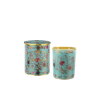 Par de velas cilíndricas decorativas con estampado floral azul y rosa