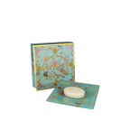 Plato decorativo con jabón Ortigia: caja turquesa floral y jabón blanco