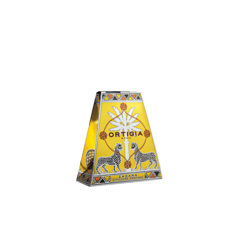 Caja de difusor Ortigia Zagara 200 ml con fondo amarillo y figuras de caballos