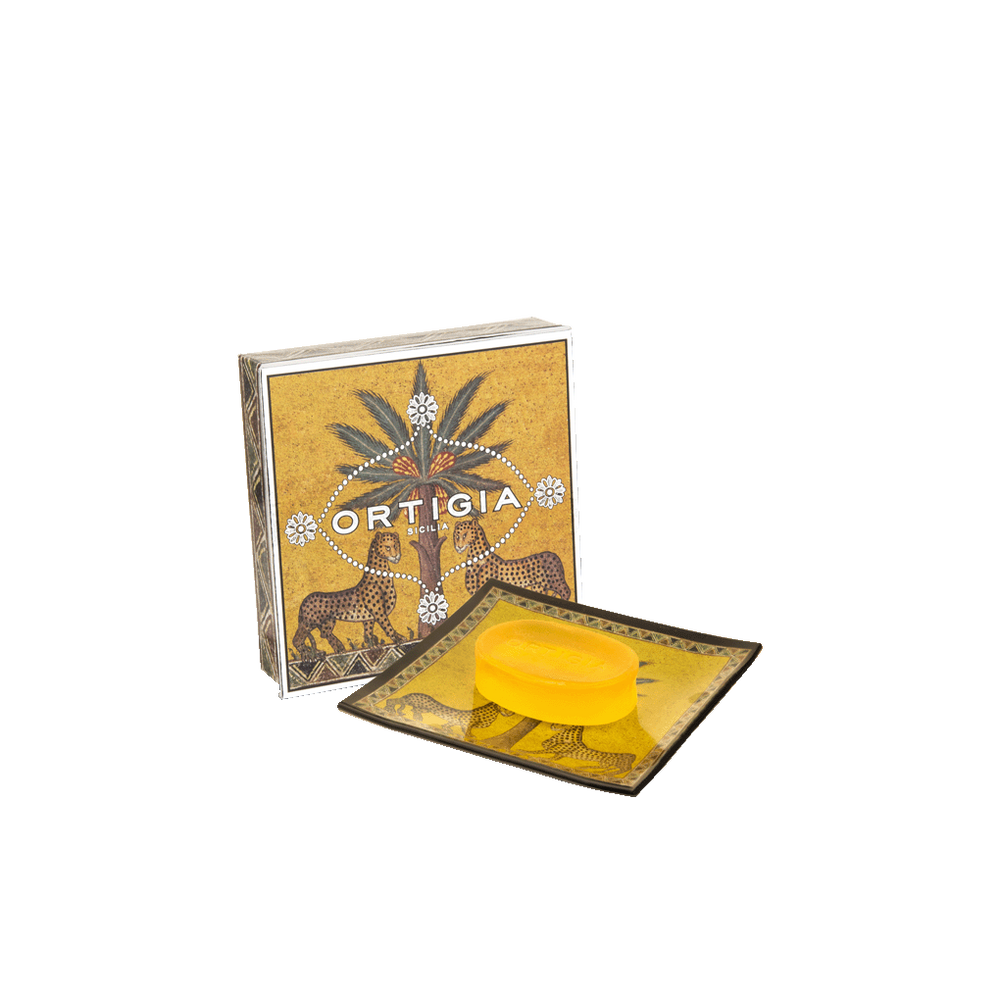 Caja decorativa con jabón amarillo Ortigia Zagara, tapa abierta