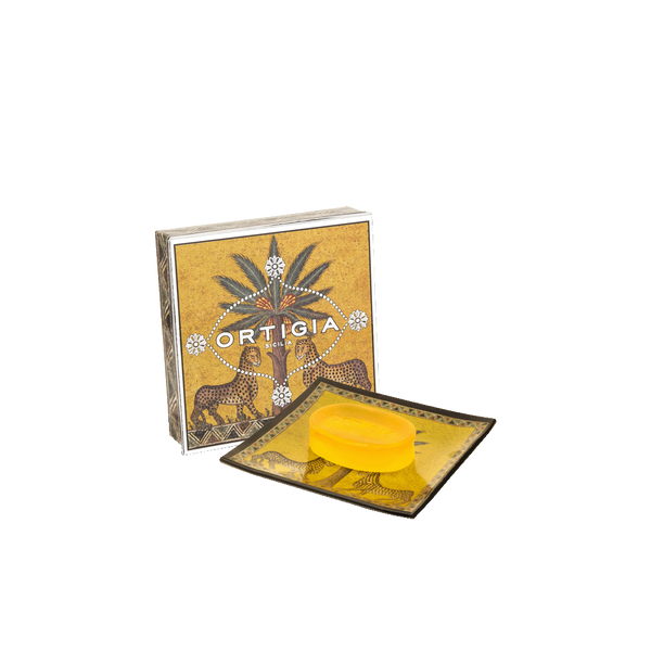 Caja decorativa con jabón amarillo Ortigia Zagara, tapa abierta