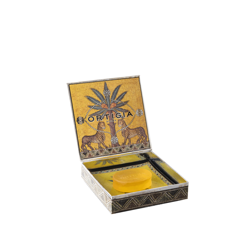 Caja decorativa con jabón amarillo Ortigia Zagara, interior visible