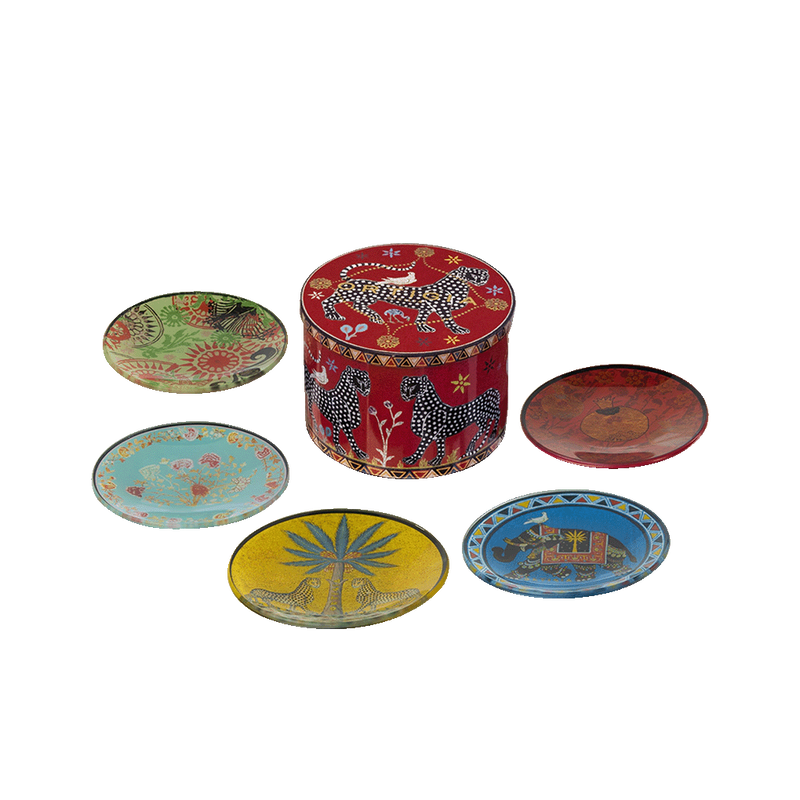 Set de 5 platos de cristal Ortigia, estampados coloridos con animales y formas