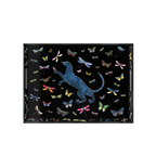 Bandeja lacada con silueta de felino azul y mariposas y libélulas multicolor
