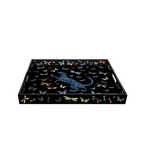 Bandeja lacada rectangular con silueta de felino azul y mariposas y libélulas