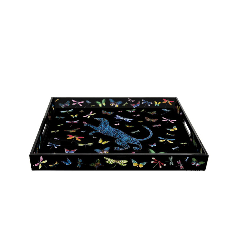 Bandeja lacada rectangular con silueta de felino azul y mariposas y libélulas