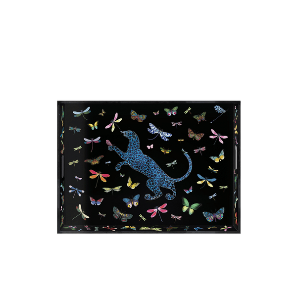 Bandeja lacada rectangular con pantera azul y libélulas multicolor
