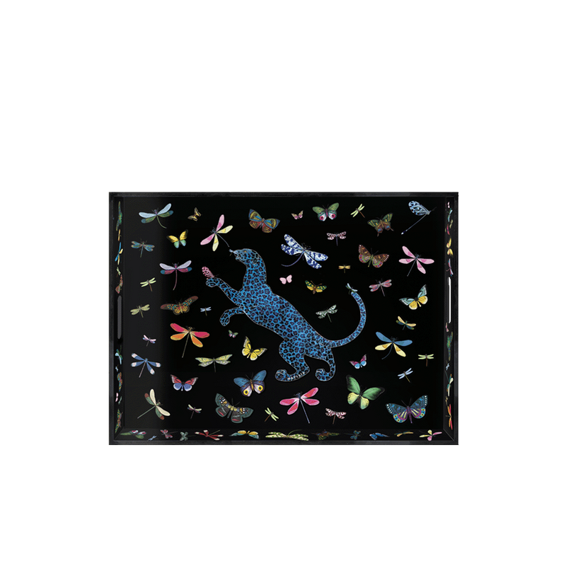Bandeja lacada rectangular con pantera azul y libélulas multicolor