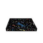 Bandeja lacada rectangular con pantera azul y libélulas en el borde