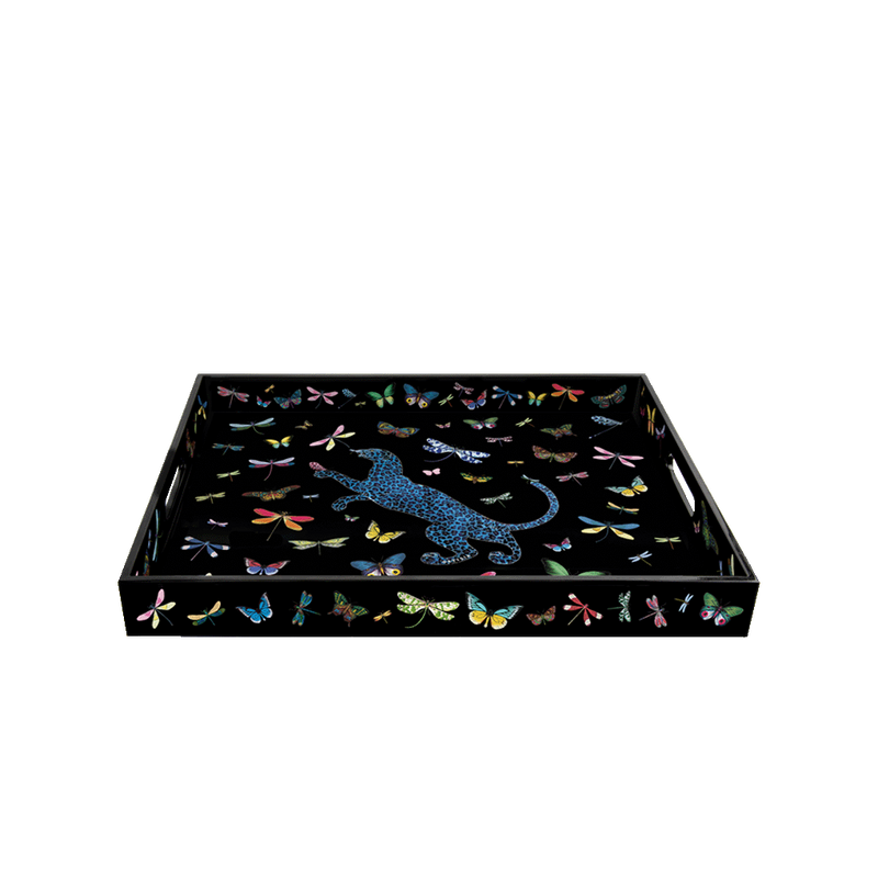 Bandeja lacada rectangular con pantera azul y libélulas en el borde