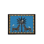 Bandeja lacada rectangular con borde mosaico y felinos sobre fondo azul