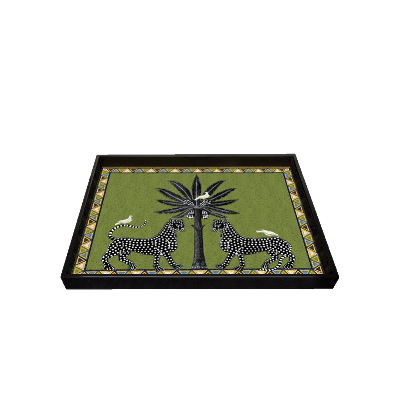 Bandeja lacada verde rectangular con diseño de palmera y borde geométrico