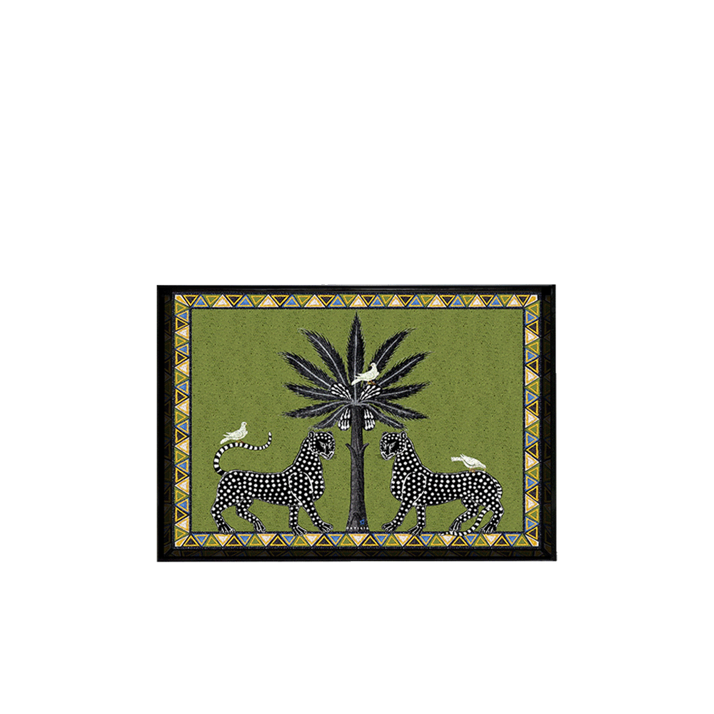 Bandeja lacada de mosaico verde con marco negro y leones de puntos y palmera
