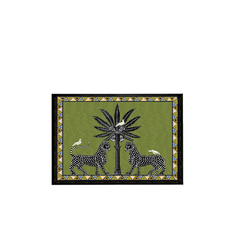 Bandeja lacada de mosaico verde con marco negro y leones de puntos y palmera