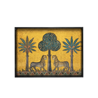 Bandeja lacada dorada con ilustración de dos felinos, árbol central y palmeras azules
