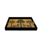 Bandeja lacada rectangular negra con fondo dorado y felinos bajo árbol y palmeras