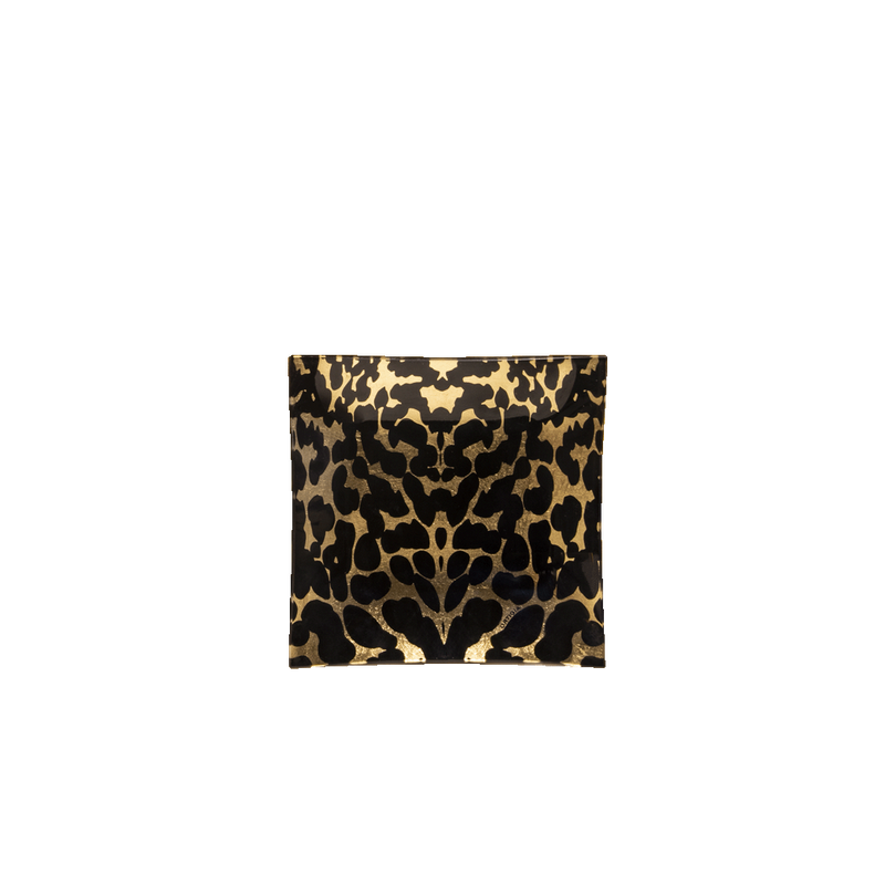 Plato de cristal Leopardo Ortigia con patrón de leopardo dorado y negro