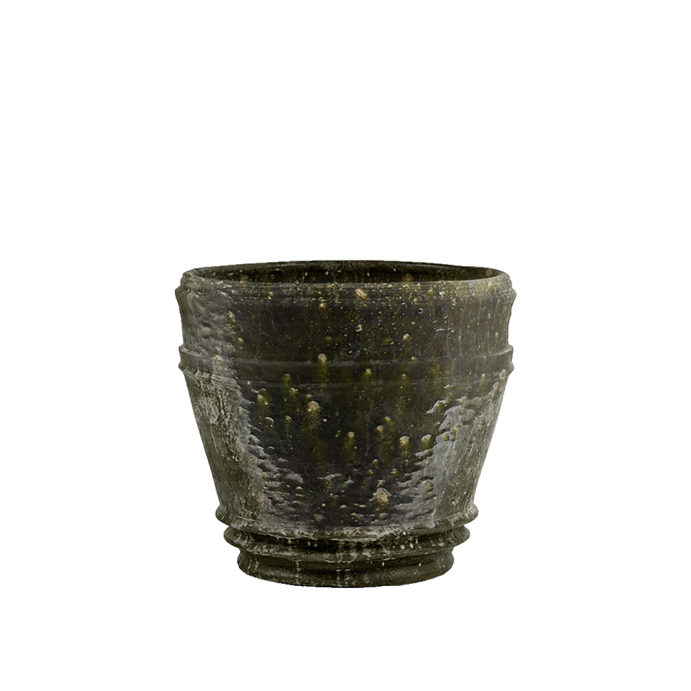 Macetero verde oscuro L, cuenco con acabado desgastado y salpicaduras
