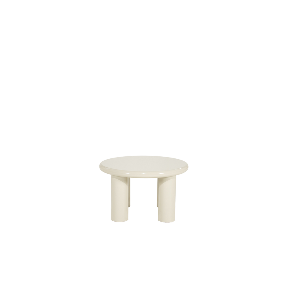 Mesa de centro redonda blanca con tapa lisa y tres patas cilíndricas