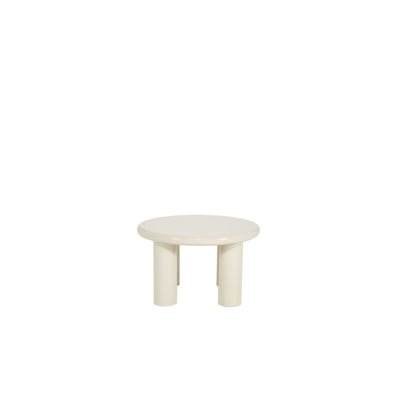 Mesa de centro redonda blanca con tapa lisa y tres patas cilíndricas