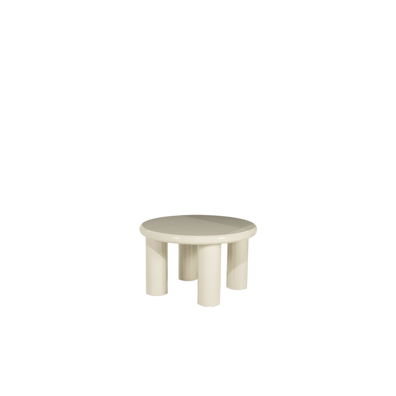 Mesa de centro redonda blanca con tapa circular y tres patas cilíndricas abiertas