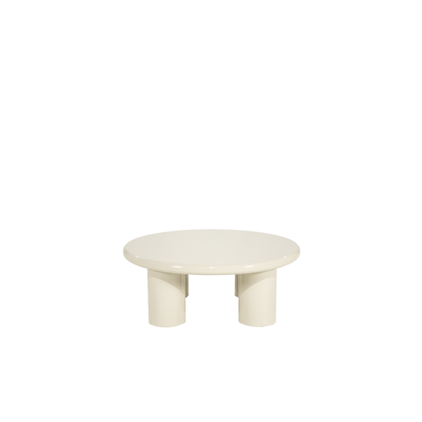 Mesa de centro redonda Bloop con sobre blanco y patas cilíndricas
