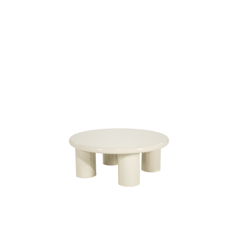 Mesa de centro redonda Bloop blanca con sobre circular y tres patas visibles