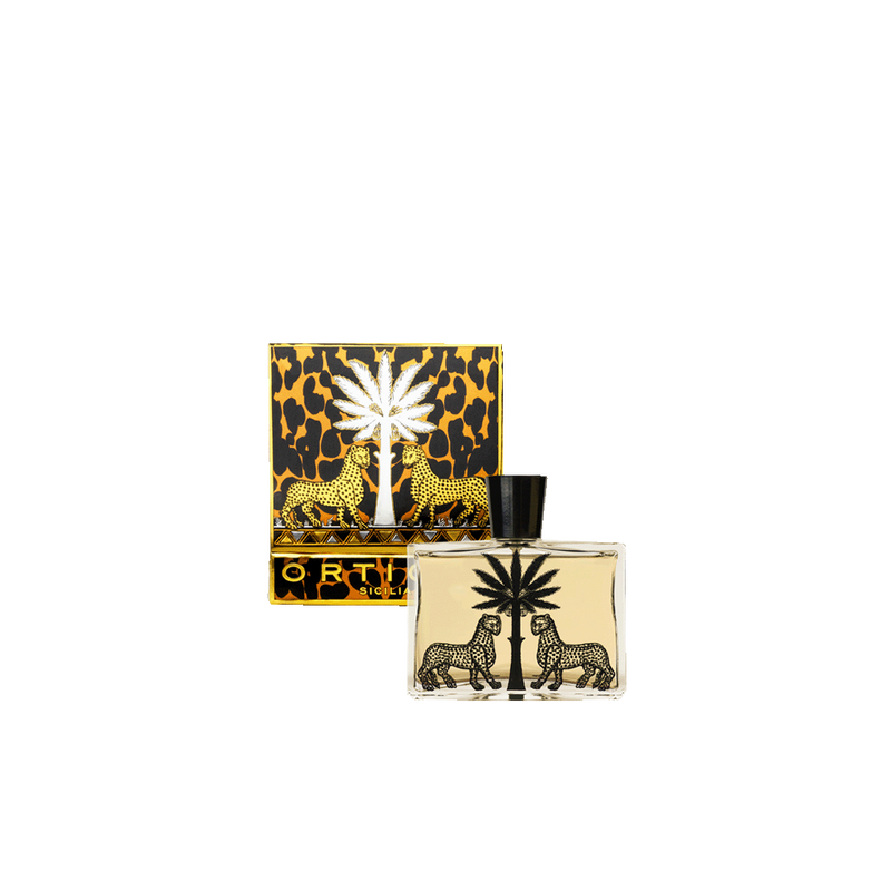 Eau de parfum Ambra Nera Ortigia 100 ml: frasco con tapa y caja estampada leopardo
