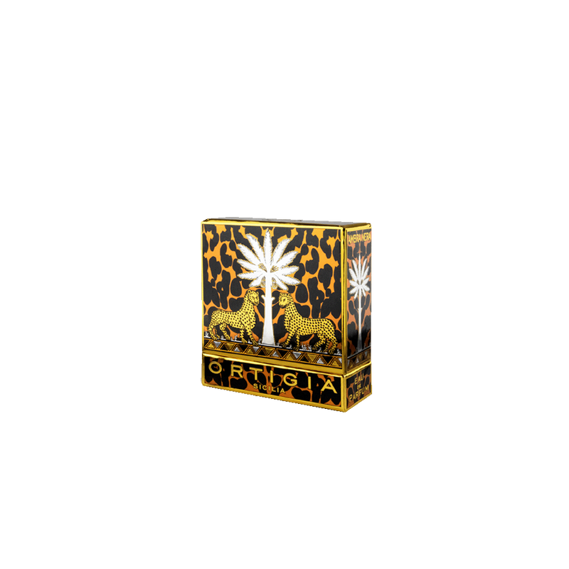 Caja de Eau de parfum Ambra Nera Ortigia 100 ml, estampado animal y flor blanca