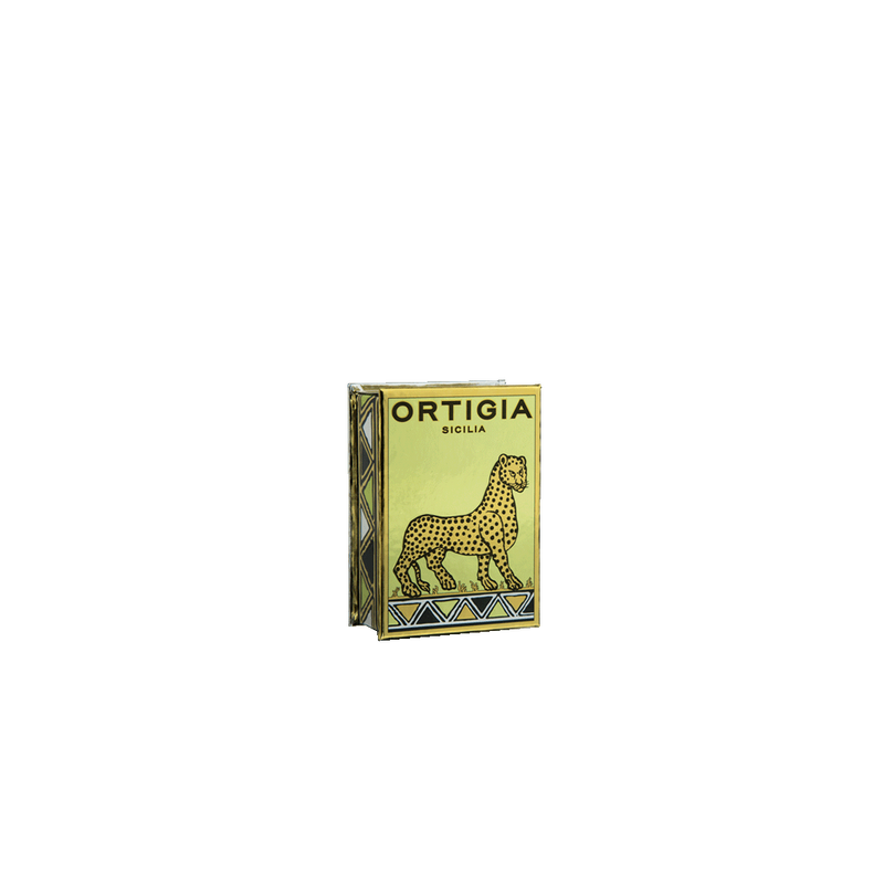 Caja de Eau de Parfum ORTIGIA Sicilia verde con león ilustrado