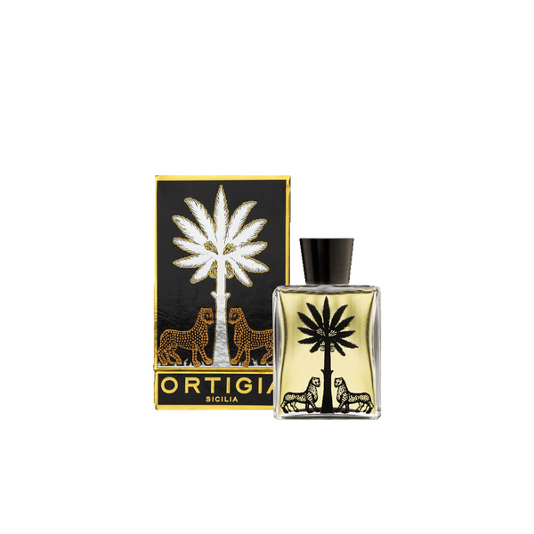 Aceite corporal Ortigia Ambra Nera en frasco de cristal con tapón negro.
